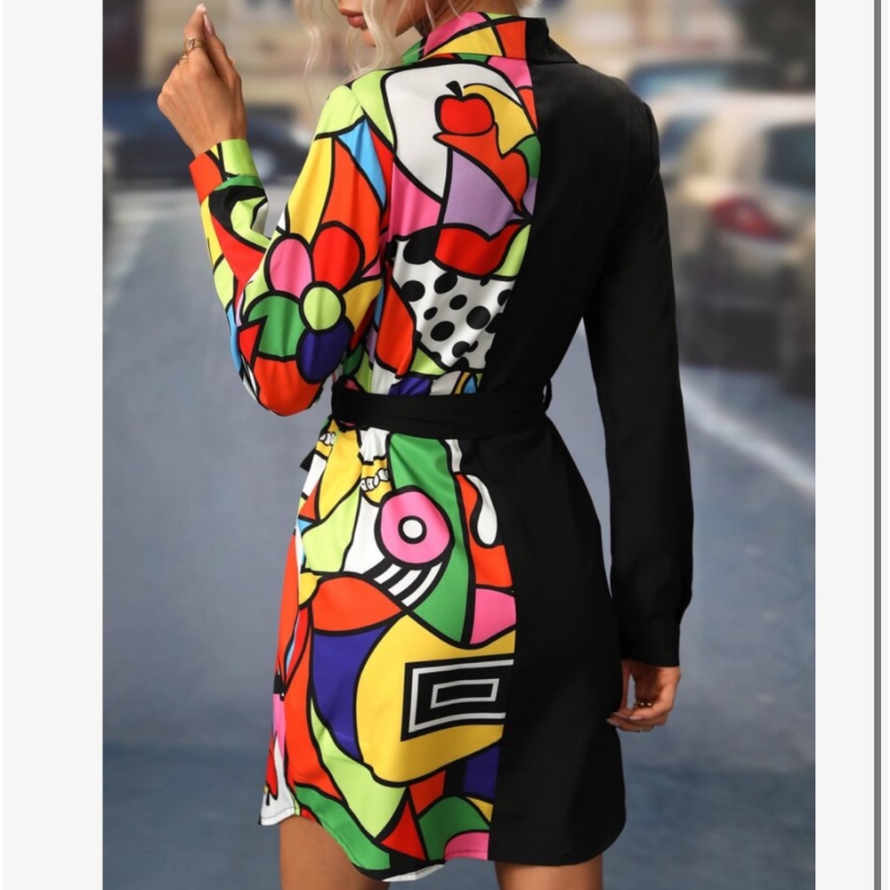 Elegant Abstract Geo Pop Art Print Long Sleeve Belted Button Down Shirt Dress - Picture 8 of 12